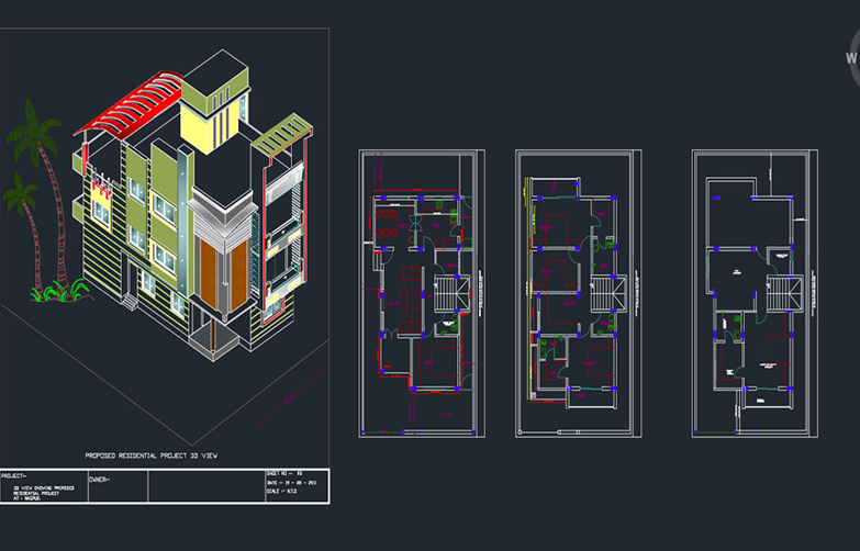 دانلود فایل اتوکد طراحی سه‌بعدی بنگلو DWG برای نرم‌افزار AutoCAD